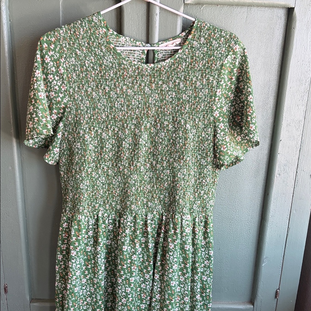 ROOLEE Green Floral Smocked Short Sleeve midi  Dress
